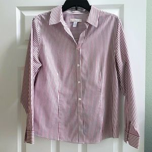Chico's size 2 no iron blouse. Red/black stripes with silver threads.